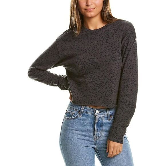 MONROW Boyfriend Top Women Size M Gray Cheetah Print Cut Off Long Sleeve Sweater - Picture 1 of 11